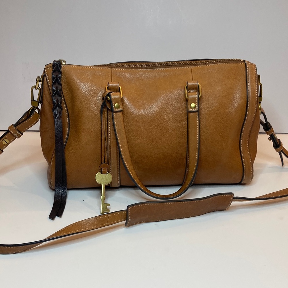 Fossil Brown Leather Satchel with key and detachable crossbody strap